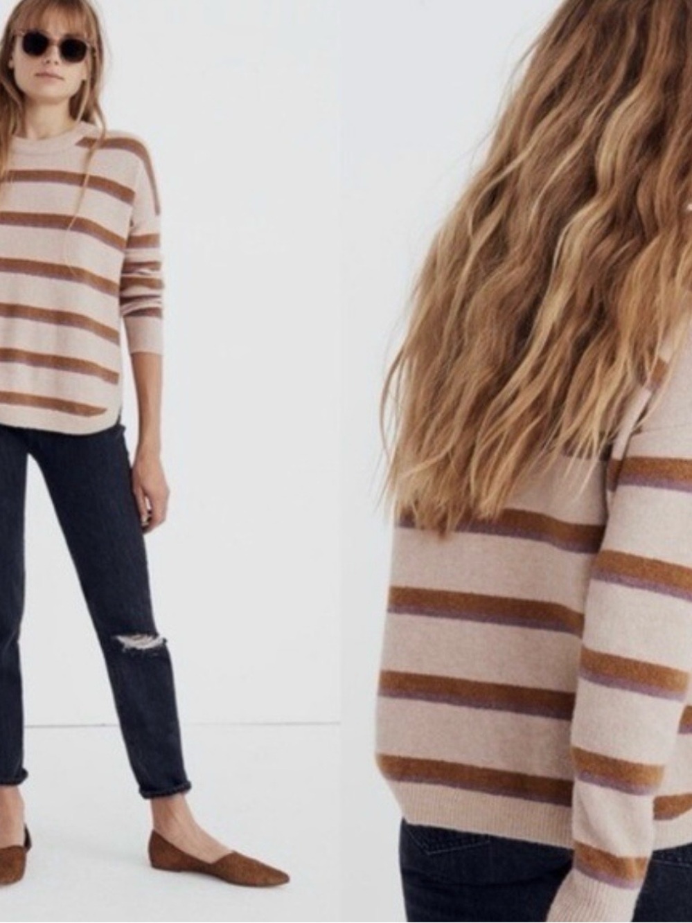 Madewell "West Lake" Tan and Brown Striped Crewneck Sweater